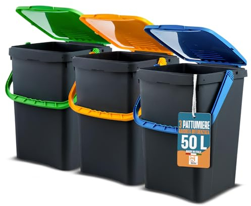 AKITAInk Set 3 Pattumiere AKIPATFOLK da 50L Cad. Totale 150L - Bidoni Differenziata in Plastica Riciclata, Made in Italy, con Manico Antirandagismo e Doppia Apertura per Interni ed Esterni
