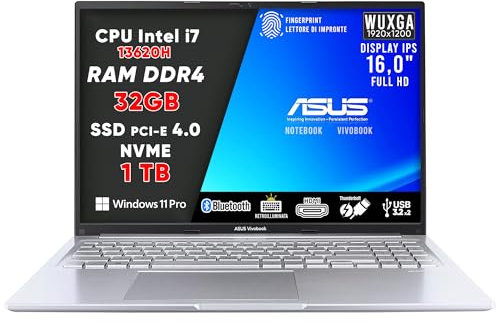 ASUS VivoBook Pc Portatile, Notebook i7 13620H, 40GB RAM DDR4, SSD 1TB, DISPLAY IPS WUXGA 16,0 FULL HD, Computer Portatile, Laptop con Tastiera Retroilluminata, Fingerprint, 16 - Garanzia 3 Anni