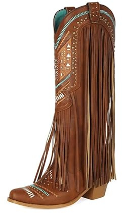 Veelau Meieer Damen Cowboy Stiefel Westernstiefel mit Stickerei Fransen und Nieten Blockabsatz Retro Western-Look