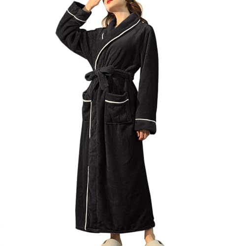 Accappatoio termico da donna in pile spesso, accappatoio termico in flanella, vestaglia personalizzata in pile, vestaglia in spugna, vestaglia in peluche, abbigliamento casual, Nero , 3XL