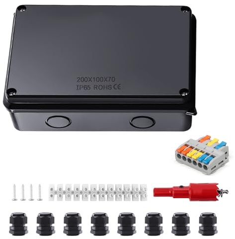 Shwdsy ABS Boite de Derivation, IP65 Boite Derivation, 200 X 100 X 70 mm Boitier Etanche Electrique Exterieur, avec Bornes et Accessoires de Montage, Adapté aux Câbles de Ø 12-16 mm