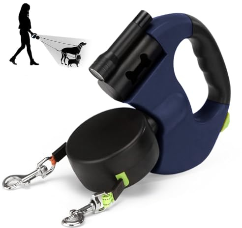 CRWEOM Correa para perros doble para 2 perros, correa retráctil con función giratoria de 360°, iluminación LED y nailon reflectante, mango ergonómico (azul)