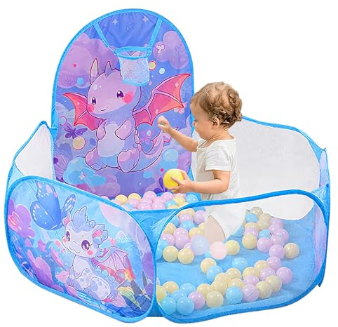 Bällebad Baby mit Basketball-Ring - Pop-Up-Spielzelt für Kinder Dinosaurier bällebad Baby für Kleinkind Klappbarer für Mädchen Jungen Indoor Outdoor Spiel Hund Ballbad 120 cm Bälle Nicht enthalten (A)