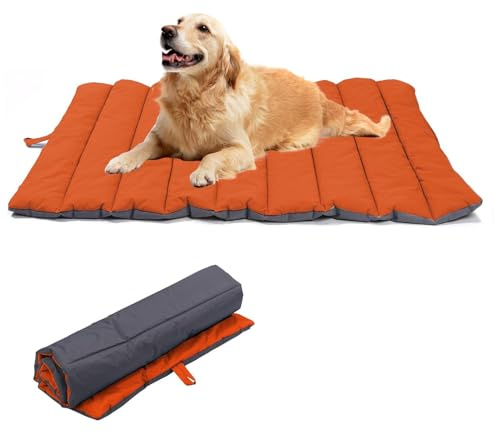 MeYuxg wasserdichte Hundematte für Outdoor, Waschbare Faltbare Reisedecke für Hunde & Katzen – Rutschfestes Tragbares Hundebett, Große Haustierdecke 110 × 68 cm (Orange/Grau)