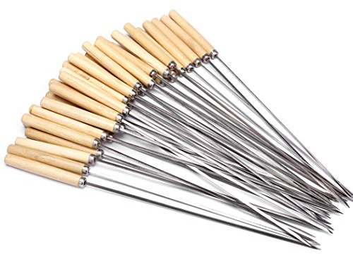 Packool 20PCS BBQ Skewers Stainless Steel Kebab Skewers, 33-34cm Flat Metal Grilling Skewers with Wooden Handle, Reusable Barbecue Skewers Set for Meat, Shrimp, Vegetables, Outdoor Grilling & Camping