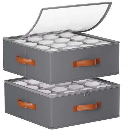 Foyego 2 Pack Coffee Mug Storage Box with Dividers, Stackable China Storage Containers with Lid, Zipper, and Handles for 32 Mugs and Cups, Mug Storage Organizer for Packing & Moving, Gray