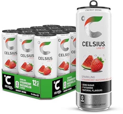 CELSIUS Energy Drink, Sparkling Strawberry Watermelon, Natural Flavours. No Artificial Colours, Sugar Free Energy Drinks, 355 mL, 12-Pack