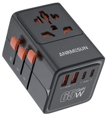 Universell reseadapter med 2 USB-C och 2 USB-A, PD 65 W GAN snabbladdning för internationella resor till Europa, Amerika, Asien och Afrika (svart)