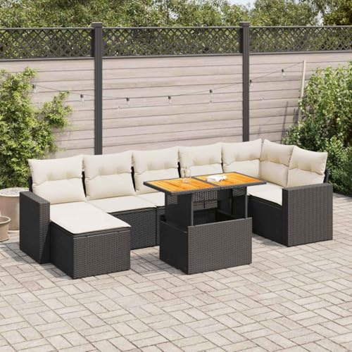 QJBSAVVA 8-TLG. Schwarze Gartenmöbel-Sofa Garnitur aus PE-Rattan mit höhenverstellbarem Tisch 55 x 53 x 34 cm Modular Lounge Set für Garten Terrasse Balkon und kleine Outdoor Sitzecke