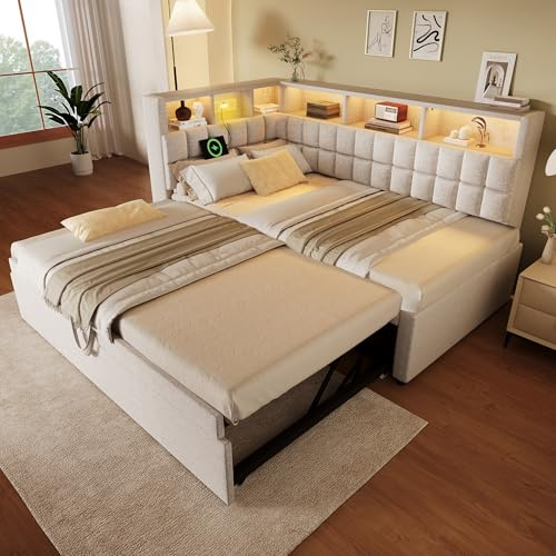 ZIDEY Tagesbett 90x200 mit Ausziehbett 90x190, Schlafsofa mit LED & USB & Bluetooth, Daybett Ausziehbett mit Lattenrost, Gästebett, Ohne Matratze, Beige