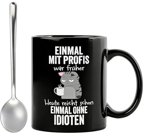GZRXIOU 350 ml Tasse Einmal mit Profis Arbeiten war früher, Lustige Tasse Arbeit mit Spruch, Kaffeetasse Büro Humor Schwarz Keramik mit 13 cm Löffel, Geschenke für Kollegen, Geeignet Jungen, Mädchen