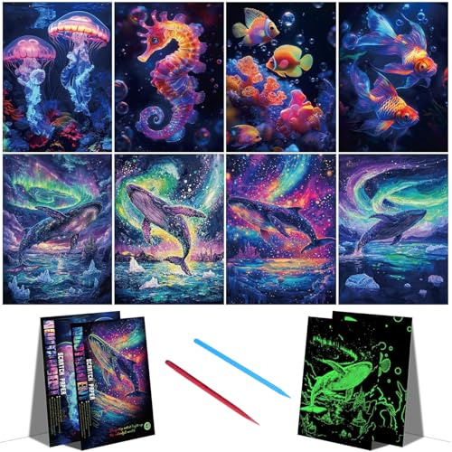 8 Stück Kratzbilder Erwachsene Mit 2 Stück Spezialstifte,25.2cm*31.5cm | (A4)Kratzbilder Set Diy,Bastelsets Kratzbuch,Magic Rainbow Kratzpapier für Notizbücher,Grußkarten,Geschenke Partys（C）