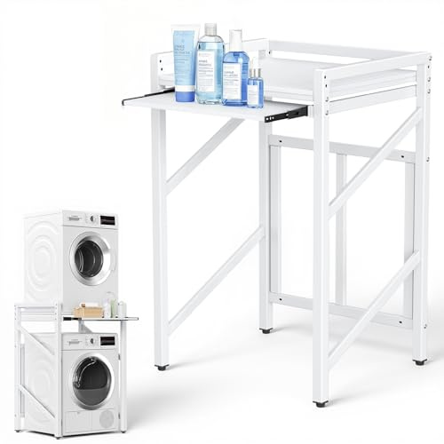 Regal über waschmaschine,Waschmaschinenregal mit Ausziehbarem Wäscheständer,TragfäHigkeit 350 Kg 2 HöHenverstellbar,Waschmaschinenschrank 74 * 64 * 113.5cm (White With Drawers)