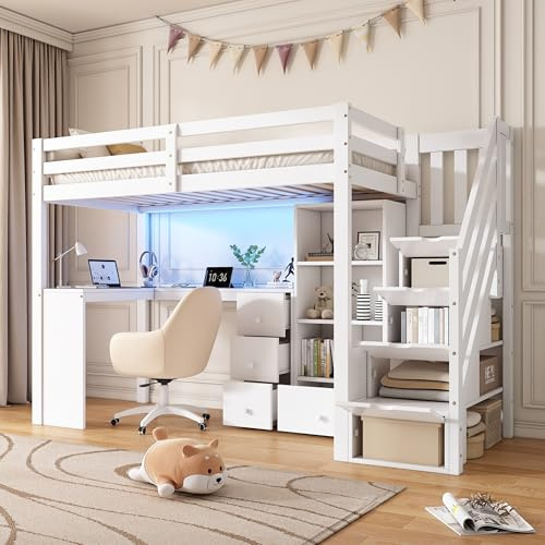 Mrwoo 3ft Single Bed with Storage Stairs and Integrated Drawers, Loft Bed with L-Shaped Desk and RGB-LED-Lights, Wooden Bed with Individual Storage Locker and Guardrail, 90x190cm, White, (No Mattress)