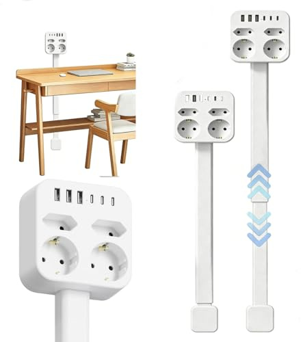 Steckdosenverlängerung mit Ausziehbarer, 45-70cm Steckdosen Verlängerung Drehbare Steckdosenleiste,3 USB A,3 USB C und 2-Fach Steckdose,360°schwenkbar, Steckdose Verlängerung