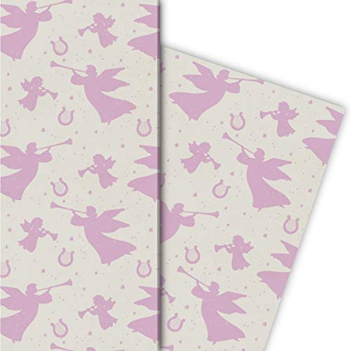 Kartenkaufrausch Grunge Retro Weihnachtspapier mit Engeln und Harfen, rosa, für liebe Geschenk Verpackung zum Einpacken 32 x 48cm, zu Ostern Weihnachten Geburtstag, universal Geschenkpapier