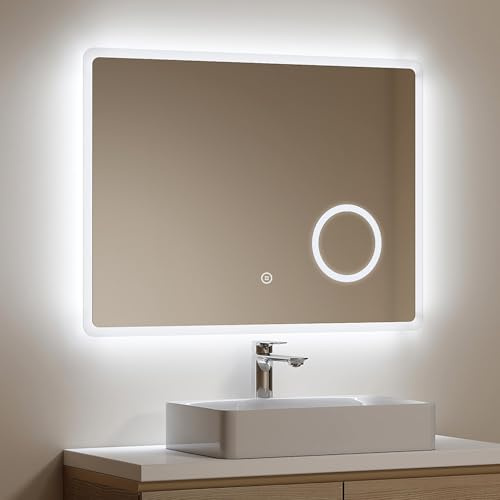 EMKE Badspiegel mit Beleuchtung 80x60 cm LED Badspiegel mit 3X Kosmetikspiegel, Kaltweiß Lichtspiegel 6500K, Touch IP44 energiesparend Badezimmerspiegel mit Beleuchtung
