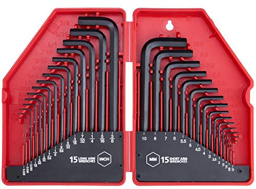 EFFICERE 30-Piece Premium Hex Key Allen Wrench Set, SAE and Metric Assortment, L Shape, Chrome Vanadium Steel, Precise and Chamfered Tips | SAE 0.028-3/8 inch | Metric 0.7-10 mm | in Storage Case
