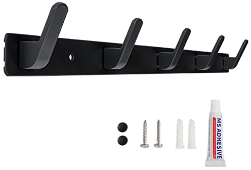 Sevenpers Garderobenhaken Schwarz Hakenleiste Wand mit 5 Haken für Jacken | Stabile Aluminium Kleiderhaken Garderobenleiste für Mäntel, Taschen und Handtücher, Ideal für Küche, Bad und Schlafzimmer