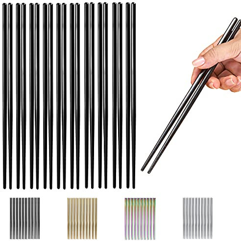 Lot de 10 paires de baguettes réutilisables, en acier inoxydable plaqué titane noir, passent au lave-vaisselle, 22 cm (noir / baguettes à découper)