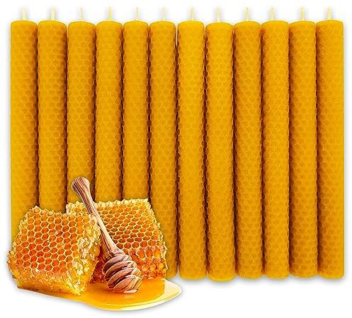 LAMARE 12 Velas de Miel de Abeja Natural 100% Cera de Abeja Hechas a Mano Sin Parafina - Ritual Mágico Buena Suerte 11/22 - Velas Decorativas - Perfectas para regalo (20 cm x 2 cm)