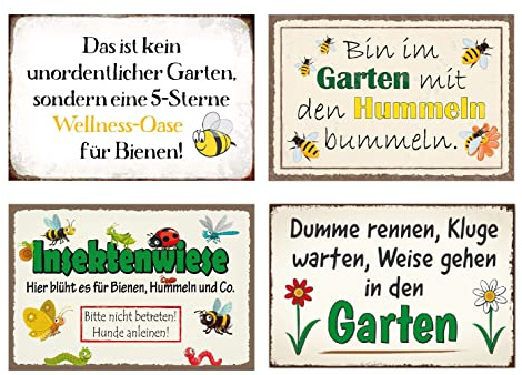 4er Set Blechschilder Garten 20x30cm - Wetterfest - Metallschild mit Lustig Spruch - Vintage Deko für Außen - Gartenschilder Deko Geschenk
