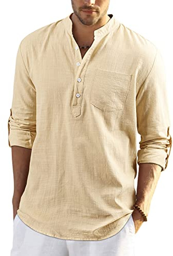 Enlision Camisa Algodón Y Lino Hombre Verano Camiseta de Cuello Henley con Mangas Larga y Bolsillo Top Camisa de Ocio de Color Sólido y Corte Ajustado para Diario Viaje Kaki M