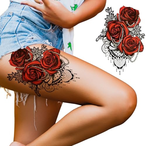 Tatdoays temporary tattoo red roses white pearls black lace biker women sticker body art fancy dress halloween party