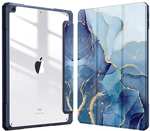 Fintie Hybrid Hülle für 10.2 Zoll iPad 9./8./7. Generation 2021/2020/2019 | Schutzhülle mit Stifthalter, Stoßfeste transparenter Hartschale auf der Rückseite, Auto Schlaf/Wach Funktion, Ozean Marmor