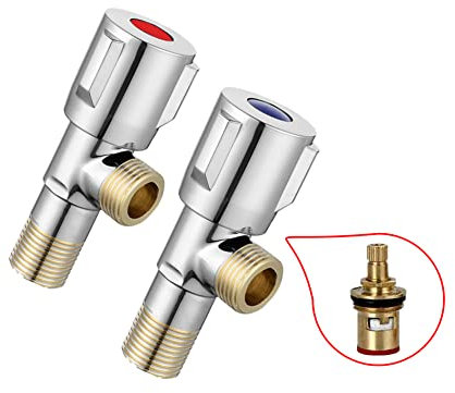 Pexintek Confezione da 2 valvole di arresto ad angolo da 1,27 cm, in ottone e cromo, nucleo in ceramica, rosso e blu, 1/4 di giro, per cucina/bagno/WC