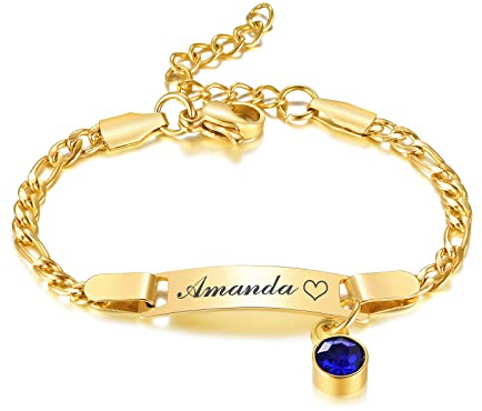 Benutzerdefinierte Geburtsstein Kind Armbänder : Gold plattiert Edelstahl personalisierte Name Bar Name ID Armband für Kinder Kleinkind Mädchen von Mama Oma, Birthstone Schmuck Geschenk, nickelfrei