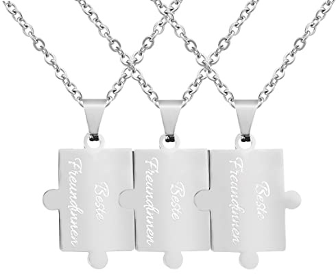 Hanessa 3 Stück Personalisierte Ketten mit Gravur Edelstahl 50 cm Puzzle in silber - Halsketten für Männer und Frauen - Personalisierter Schmuck Damen Herren Freundin Freund Geschwister