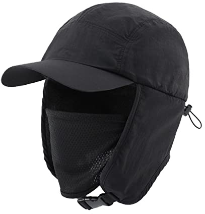Magracy Herren Wintermütze mit Fleecefutter, Ohrenklappen, wasserdicht, Baseballkappe mit Gesichtsschutz, Pilotenkappe, Schwarz