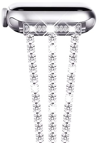 NewWays Bling Armband für Apple Watch 38mm 40mm 41mm 42mm,Silber | Frauen Edelstahl Metall Diamant Ersatzarmband Kompatibel mit iWatch Series SE 11/10 9 8 7 6 5 4 3 2 1