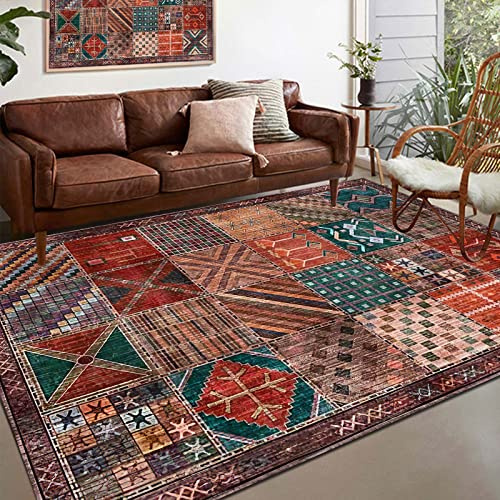 Rug-QJDDUP Teppich Wohnzimmer 120 x 160 cm Bunt Rot Orange Gelb Grüner Braun Muster Vintage Teppiche für Schlafzimmer Kinderzimmer Küche Esszimmer Outdoor Balkon, waschbarer