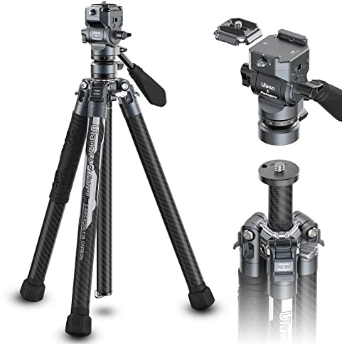 ULANZI F38 Video Travel Carbon Fiber Tripod, 61.4 With Quick Release Fluid Head, 2.38lbs Ultra Lightweight Portable Stable Professional Camera Photo Tripod, Load up to 22lbs, With Bag