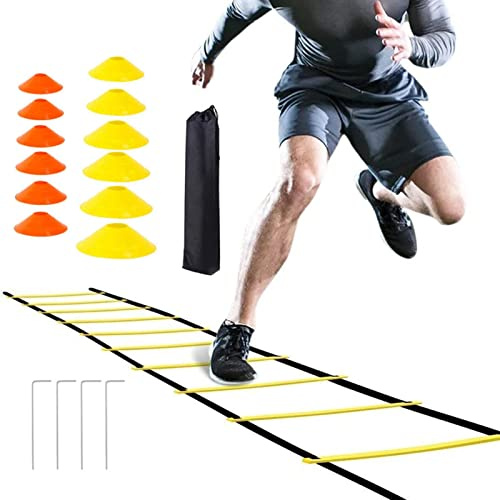Teksome Agility-Leiter 6m | Geschwindigkeitsleiter | Fußball-Trainingszubehör | Koordinationsleiter | Trainingsleiter Koordinationsleitern mit 12 Kegeln und 4 Einsätzen | Fußball-Trainingsset