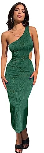 QKEPCY One Shoulder Kleid Sommerkleid Damen Kleider Asymmetrisch Figurbetont Midikleid Partykleid Cocktailkleid Abendkleid Elegant Schulterfreies Bodycon Knielang Sexy Hochzeitsgast Schulterfrei
