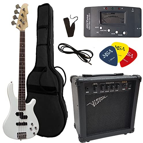 ELEKTROBASS - SET - WEIß - E-BASS - GIGBAG-TASCHE - GURT - VERSTÄRKER 45 WATT - STIMMGERÄT - 3x PLEKTREN - KABEL - VISION SOUND GITARRE - LONG SCALE - JB8W