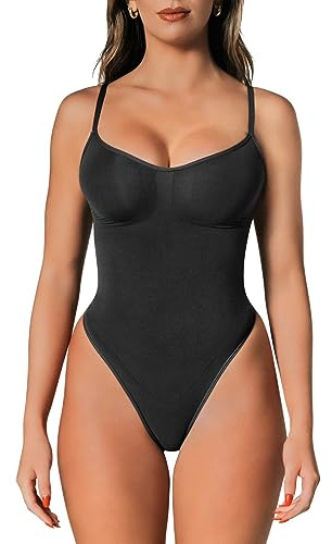 herslims Tummy Control Bodysuit for Women, Sculpting Shapewear, Brief, Thong, or Mid-Thigh Faja, Black Thong 2X/3X