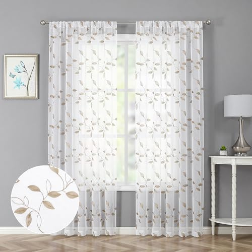 Tollpiz Taupe Leaf Sheer Curtain Leaves Embroidered Living Room Curtains Rod Pocket Voile Window Treatment for Bedroom, 54 x 72 inches Long, Set of 2 Panels