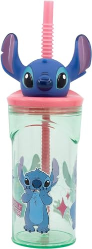 Golddunes 3D Cartoon Character Kids Figurine Re-usable Plastic Tumbler Beaker with Re-usable Flexi Straw - 360ml (Stitch)