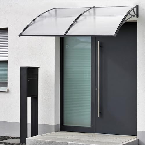 [en.casa] Marquesina para Puertas Tejadillo de Protección Toldo Exterior Terraza Techo para Balcón Diseño Arqueado de Policarbonato Aluminio 240 x 80 cm - Transparente y Negro
