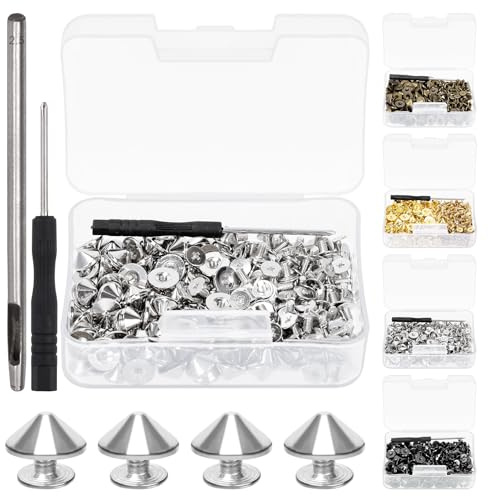 Swpeet Kit med 102 st silverfärgade koner och dubbar med hålslag och skruvmejsel, bakre läderhantverk snabba nitar skruvar, spikes kulkon spikes skruv för kläder skor läderhantverk