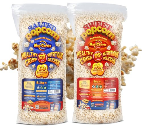 MacCorns - 2 Bulk Packs Popcorn | 1 x 2.1kg Resealable Bulk Pack of Salted & 1 x 3kg Resealable Bulk Pack of Sweet | Crunchy, Delicious Popcorn Ideal for Parties, Events & Weddings - Allergen FREE !