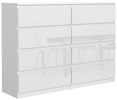 MebLocker Byrå med lådor, vit med högglansig front, 120 x 101,5 x 39 cm – skänk för vardagsrum, hall, sovrum – modernt lådskåp – byråskåp – sovrumsmöbler