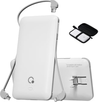 Brand Q Portable Charger with Built-in Cables and AC Wall Plug,Slim USB C Travel Essential Power Bank 10000mAh,External Battery Pack Compatible with iPhone,Samsung,Tablet and All Smart Phones