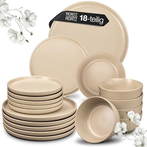 Moritz & Moritz NORDIC - Vajilla para 6 personas, 18 piezas de gres en color topo, diseño escandinavo, resistente juego de platos para 6 personas, para el día a día y los invitados, vajilla combinada