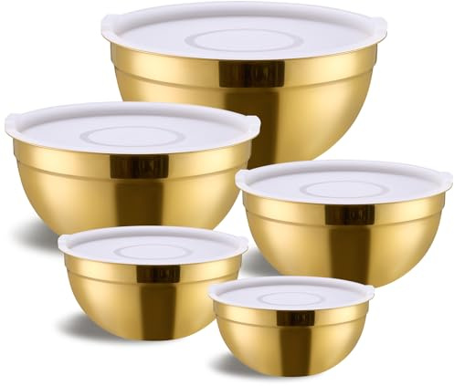 Moxinox Gold Mixing Bowls with Airtight Lids, Stainless Steel Nesting Mixing Bowls Set of 5, Ideal for Baking, Prepping and Serving Food, Size 5.5, 3.6, 2.7, 2.1, 1.5, QT, Stackable Design