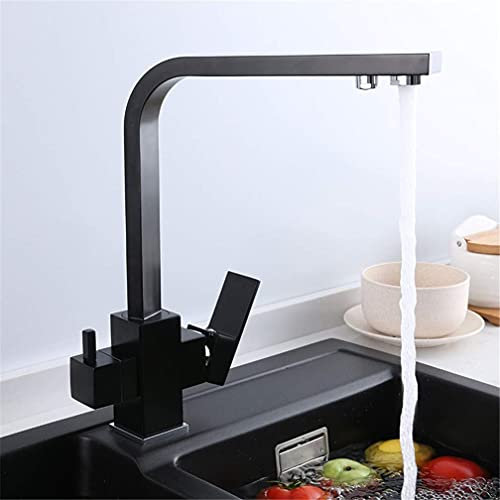 Küchenarmaturen, quadratischer Stil, Trinkwasserfilter-Wasserhähne, Spülbecken-Mischbatterie, 360-Grad-Drehgelenk, Doppelgriff, Deckmontage, gefilterter Kran for die Küche, 3-Wege (Color : Noir)